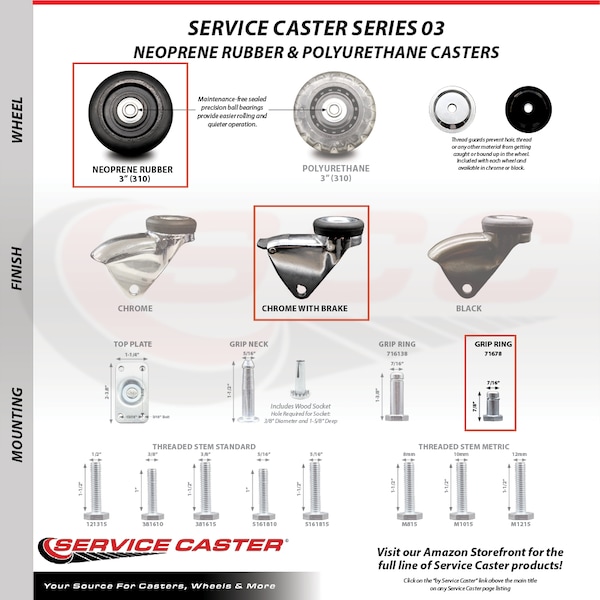 3 Inch Chrome Hooded Neoprene Rubber 3/8 Inch Grip Ring Stem Caster with Brake